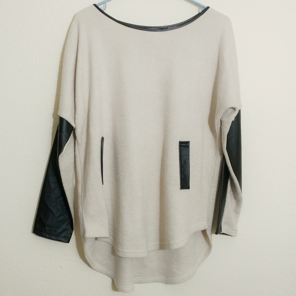 Medium Ark & Co. Faux Leather Trimmed knit top